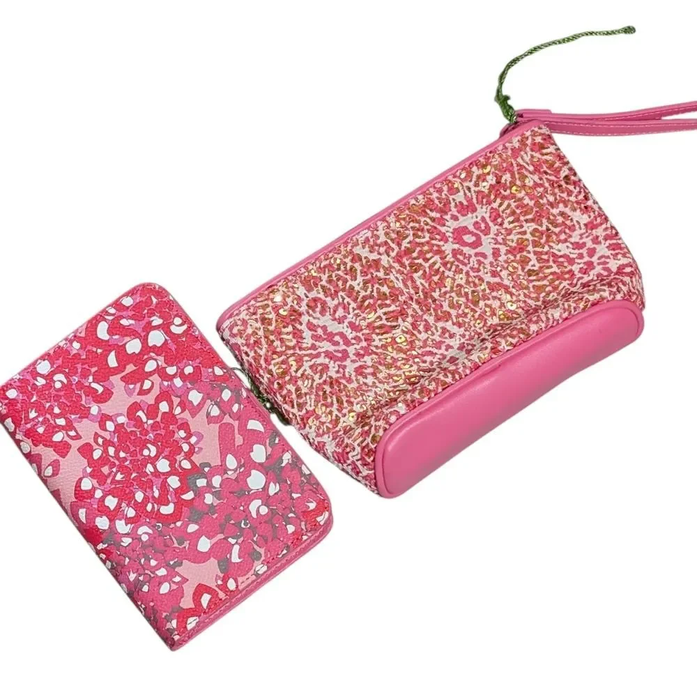 Vera Bradley Mesh Sequin Camocat Pink Wristlet cosmetic bag blooms notebook pen